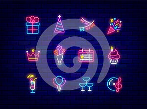 Birthday party neon icons collection. Celebration concept. Confetti and cupcake. Glowing effect. Vector illustration