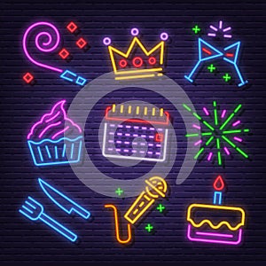 Birthday party neon signboard icons