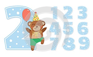 Birthday party numbers set with cute bear. Anniversary card templates for kids. Bright blue holiday illustration with funny forest