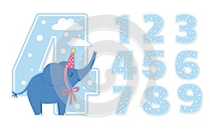 Birthday party numbers set with cute elephant. Anniversary card templates for kids. Bright blue holiday illustration with funny