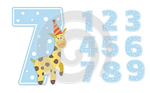 Birthday party numbers set with cute giraffe. Anniversary card templates for kids. Bright blue holiday illustration with funny