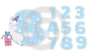 Birthday party numbers set with cute llama. Anniversary card templates for kids. Bright blue holiday illustration with funny