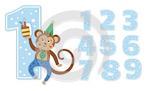 Birthday party numbers set with cute monkey. Anniversary card templates for kids. Bright blue holiday illustration with funny