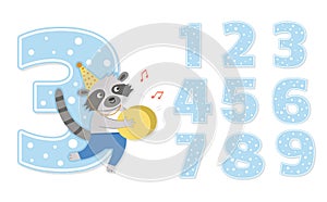 Birthday party numbers set with cute raccoon. Anniversary card templates for kids. Bright blue holiday illustration with funny