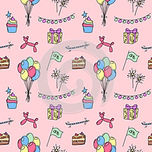 Birthday party pattern. Seamless vector background with funny colorful bday doodles. Hand drawn kid birthday repeat illustration