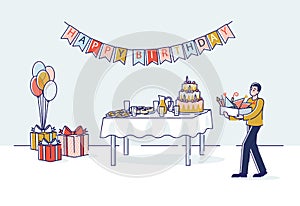 Birthday party preparation with cartoon man carrying box of decorations to holiday table