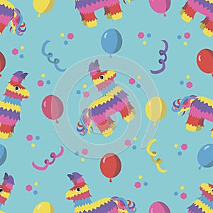 Birthday party seamless pattern with colorful pinata, balloons aÑ‚Ð² confetti