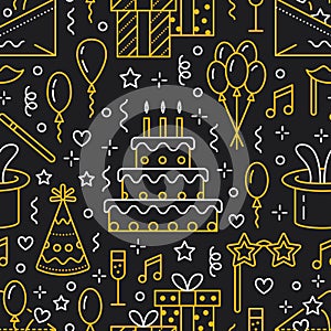 Birthday party seamless pattern, flat line illustration. Vector icons of event agency, wedding organization - cake