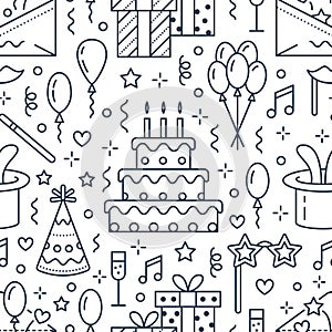 Birthday party seamless pattern, flat line illustration. Vector icons of event agency, wedding organization - cake