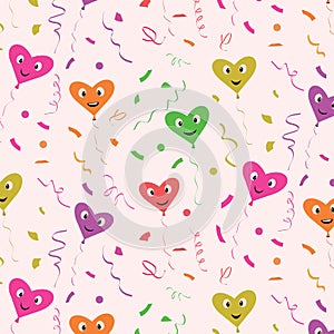 Birthday party seamless pattern with funny cartoon heart shaped balloons and confetti on white background.