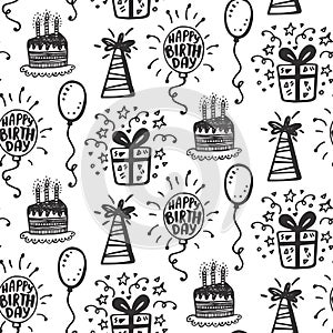 Birthday party seamless patterns with hand drawn doodles
