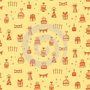 Birthday party seamless patterns with hand drawn doodles