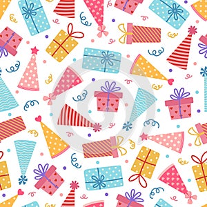 Birthday party seamless vector pattern. Colorful gift boxes, paper cone hats, confetti. Surprise for a holiday, anniversary,
