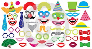 Birthday party set. Clown, hat, cap, glasses, lips, mustaches, tie and etc., icons photo