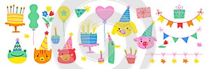 Birthday party set. Color cartoon vector illustration with design elements
