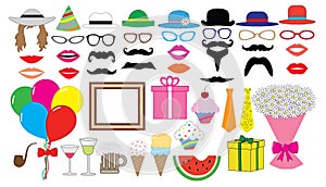 Birthday party set. Vector. Hat, cap, glasses, lips, mustaches, tie, balloons, bouquet and etc., icons