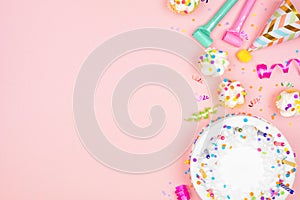 Birthday party side border on a pastel pink background