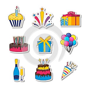 Birthday Party Sticker Collection Set Icon with Cake, Balloons and Gift Box. Vector Illustration eps10