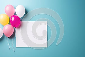 Birthday party template with empty paper card and colorful balloons top view