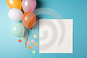 Birthday party template with empty paper card and colorful balloons top view