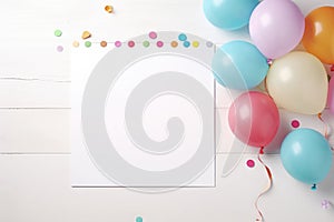 Birthday party template with empty paper card and colorful balloons on white wooden background