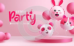 Birthday party text vector design. Character balloons floating in podium stage for holiday presentation