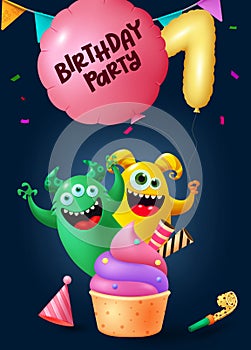 Birthday party text vector poster. Monster cartoon characters holding balloons