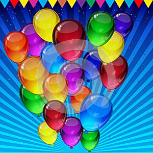 Birthday party vector background - colorful festive balloons, confetti, ribbons flying for celebrations card in blue background