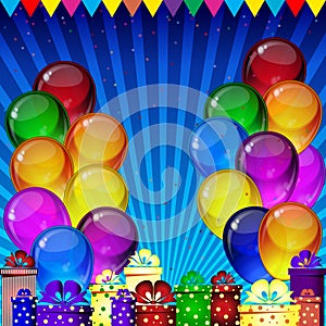 Birthday party vector background - colorful festive balloons, confetti, ribbons flying for celebrations card
