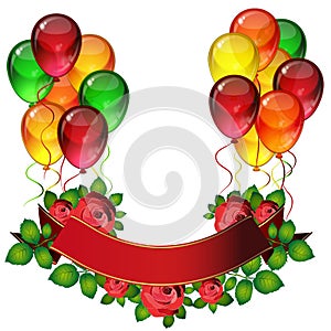 Birthday party vector background - colorful festive balloons, flowers of roses, ribbons flying for celebrations card in isolated