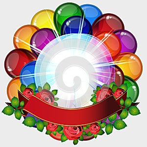 Birthday party background - colorful festive balloons, flowers of roses, ribbons flying for celebrations card in isolated