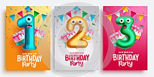 Birthday party vector poster set design. Birthday greeting text lay out collection with inflatable number balloons