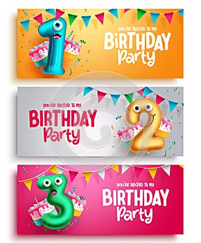 Birthday party vector set design. Character balloons in one, two, three number balloon collection