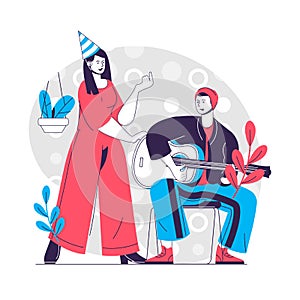 Birthday party web concept. Couple playing guitar and singing song