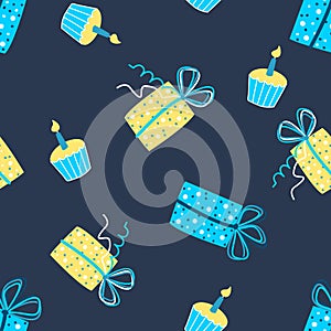 Birthday patten. Vector seamless dark pattern with gift boxes and celebratory cupcake