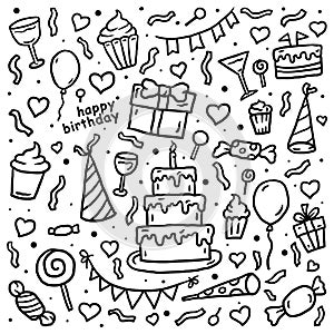 Birthday pattern Hand drawn line art vector illustration