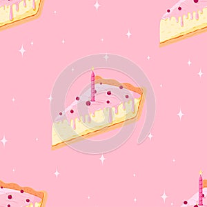 Birthday piece cake candle seamless pattern pink