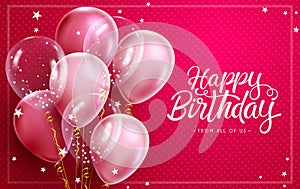 Birthday pink balloons vector design. Happy birthday greeting text in pink background with girly rosegold balloon decoration.