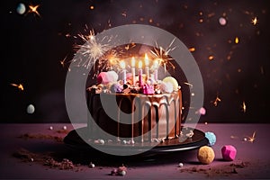 Birthday pink cake poured with chocolate on a stand, decorated with sweets, fireworks candles, stars on a dark background,