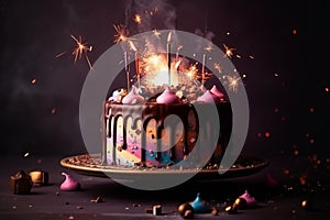 Birthday pink cake poured with chocolate on a stand, decorated with sweets, fireworks candles, stars on a dark background,