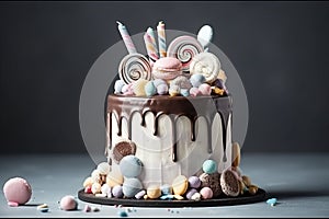 Birthday pink cake poured with chocolate on a stand, decorated with sweets, fireworks candles, stars on a dark background,