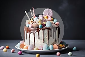 Birthday pink cake poured with chocolate on a stand, decorated with sweets, fireworks candles, stars on a dark background,