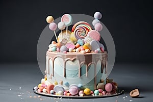 Birthday pink cake poured with chocolate on a stand, decorated with sweets, fireworks candles, stars on a dark background,