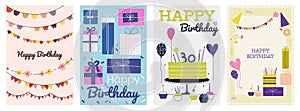 Birthday postcards. Happy celebration cards with funny text and cute animals, funny greeting card with text and cartoon
