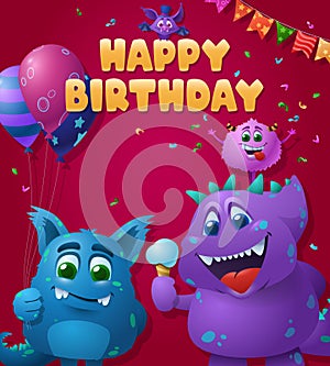Birthday poster with blue and purple monsters