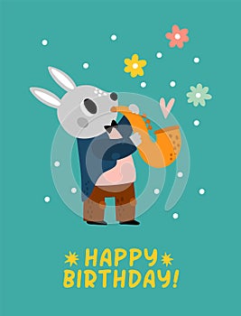 Birthday poster with cute animal. Holiday greeting card. Forest musician with music instrument. Zoo jazz band. Rabbit
