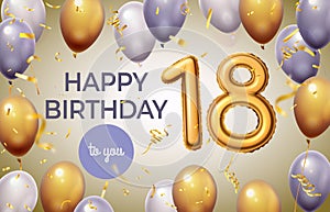 Birthday poster with golden number. Celebration 18th years with foil gold numerical balloons. Anniversary age greeting