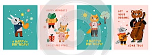 Birthday posters with cute animals. Holiday greeting card. Forest musicians with different instruments. Zoo jazz band