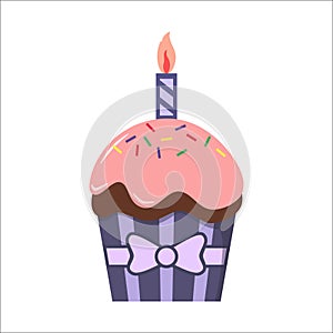 Birthday purple cupcake with ribbon, candle burning, sprinkles and pink sugar icing. Birthday clipart cupcake cartoon.