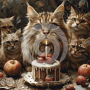 Birthday purrs abound as kitty revels with friends and cake.